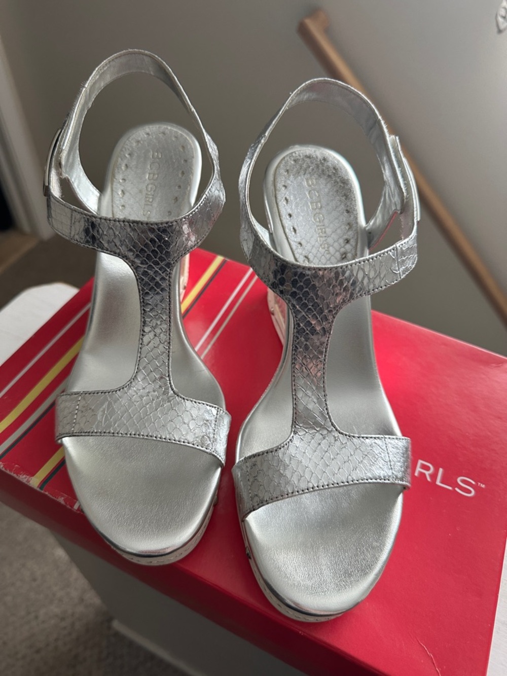 BCBGirls Silver Metallic T-Strap Heels
